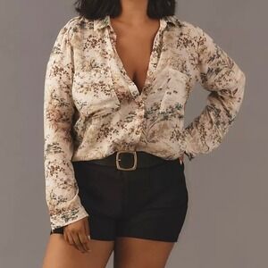 Pilcro Anthropologie Toile Print Button Down Shirt Ivory Floral Duck Sz 2X Modal